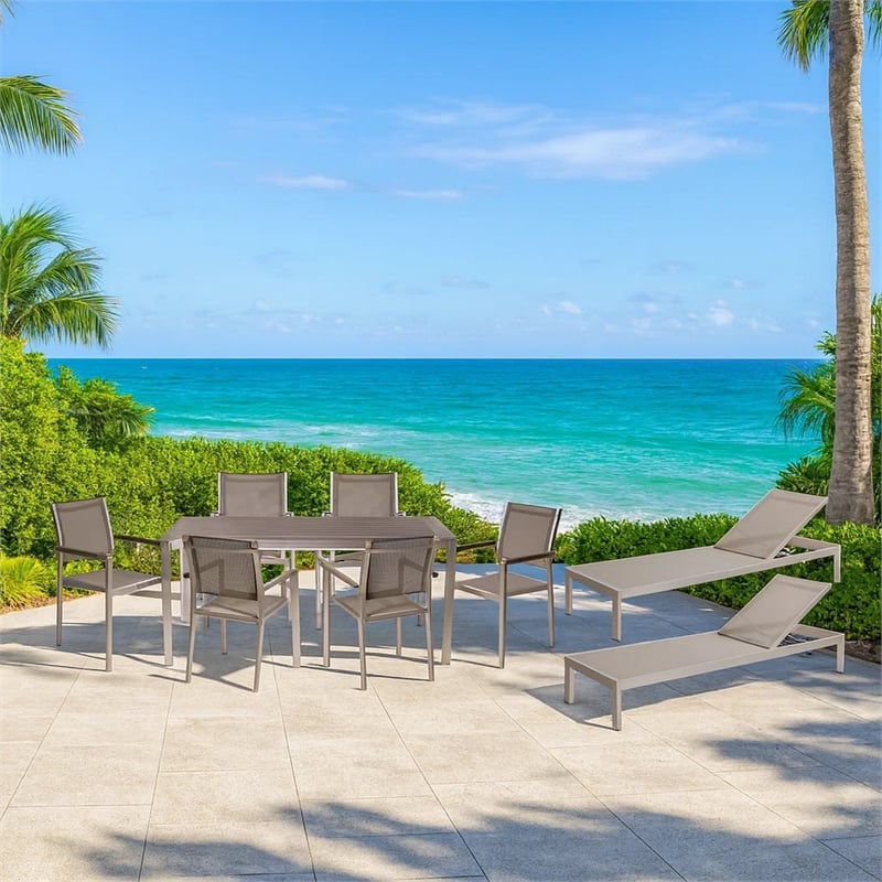 Benjara Kris 9 Piece Patio Dining & Lounge Set- Gray Textilene Seating- Aluminum