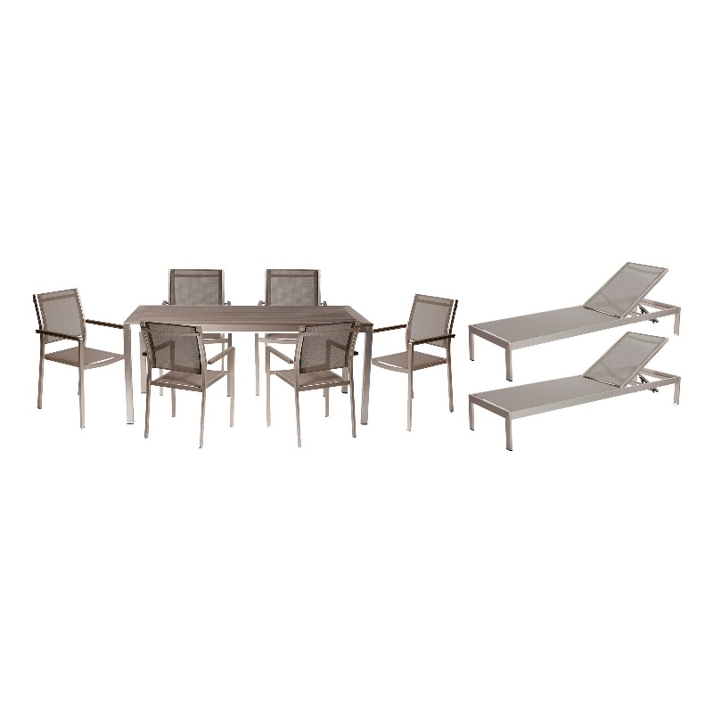 Benjara Kris 9 Piece Patio Dining & Lounge Set- Gray Textilene Seating- Aluminum