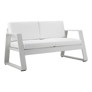 Benjara Xia 57&quot Outdoor Sofa- White Aluminum- Fade Resistant Fabric Cushions