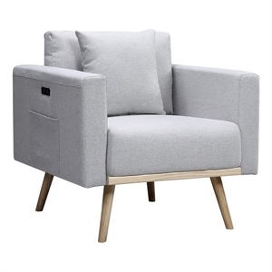 Benjara Mico 33&quot Modern Sofa Chair with USB Ports & Pocket- Light Gray Fabric