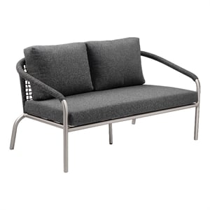Benjara Phil 57&quot Outdoor Sofa- Gray Fade Resistant Upholstery- Silver Aluminum