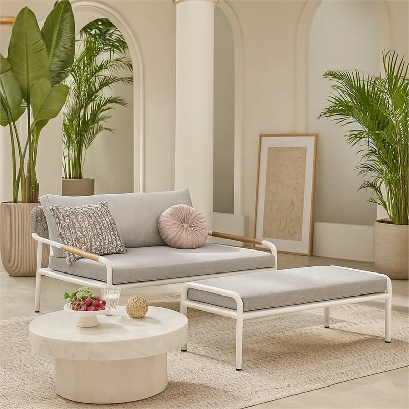 Benjara Shia 2 Piece Outdoor Daybed Set- Classic White Aluminum Frames- Ottoman
