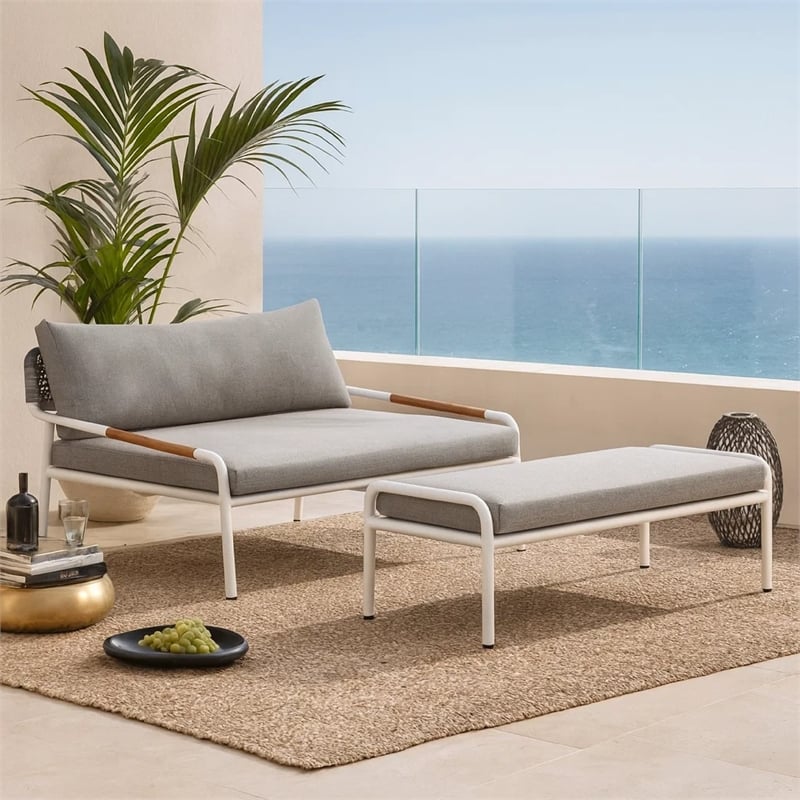 Benjara Shia 2 Piece Outdoor Daybed Set- Classic White Aluminum Frames- Ottoman