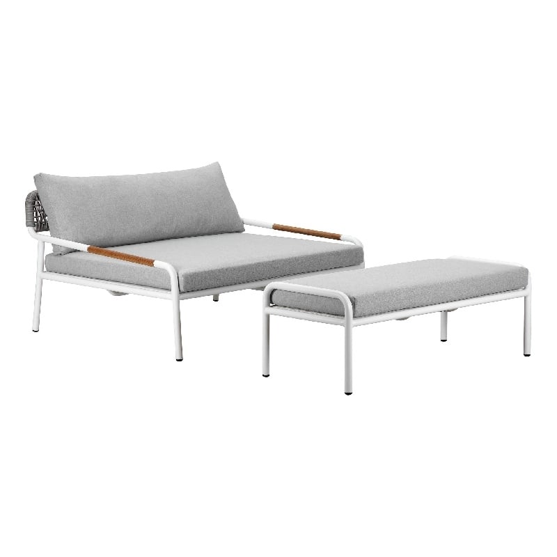 Benjara Shia 2 Piece Outdoor Daybed Set- Classic White Aluminum Frames- Ottoman