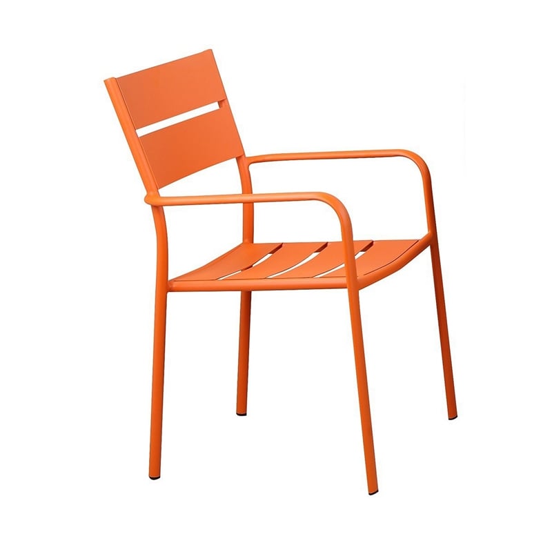 Benjara Meta 7 Piece Outdoor Dining Table- Chairs Set- Orange- Plank Seat & Back