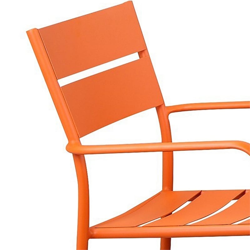 Benjara Meta 7 Piece Outdoor Dining Table- Chairs Set- Orange- Plank Seat & Back