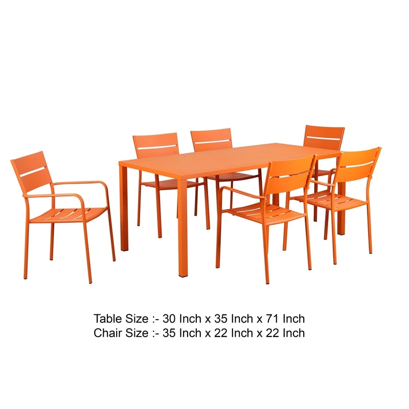 Benjara Meta 7 Piece Outdoor Dining Table- Chairs Set- Orange- Plank Seat & Back
