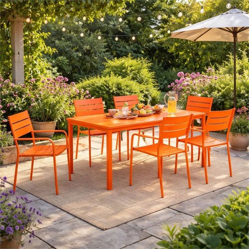 Benjara Meta 7 Piece Outdoor Dining Table- Chairs Set- Orange- Plank Seat & Back