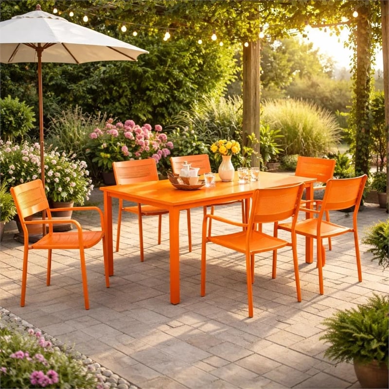 Benjara Meta 7 Piece Outdoor Dining Table- Chairs Set- Orange- Plank Seat & Back