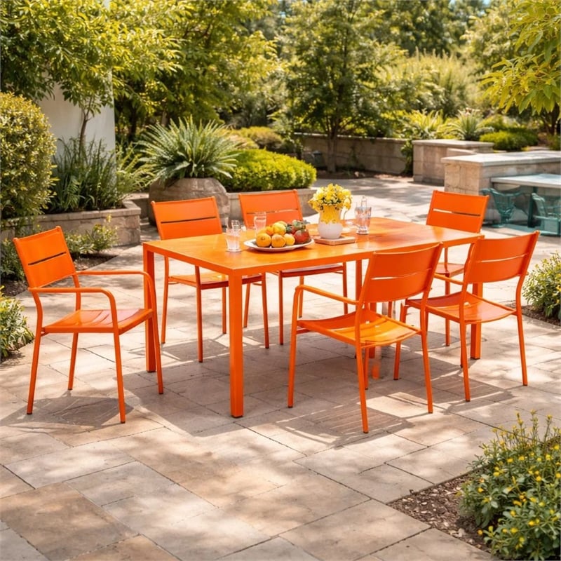 Benjara Meta 7 Piece Outdoor Dining Table- Chairs Set- Orange- Plank Seat & Back