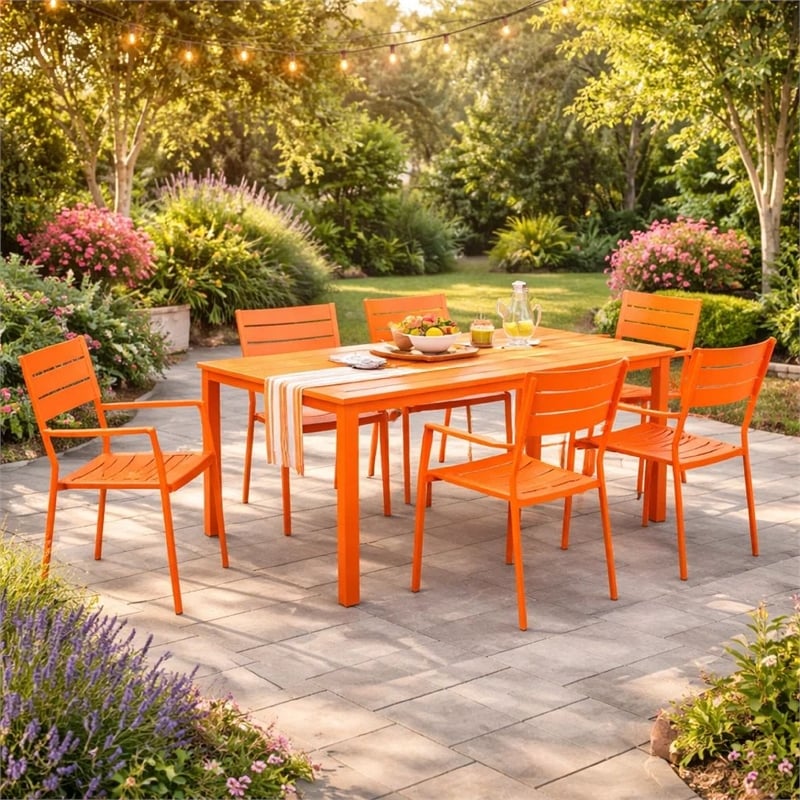 Benjara Meta 7 Piece Outdoor Dining Table- Chairs Set- Orange- Plank Seat & Back