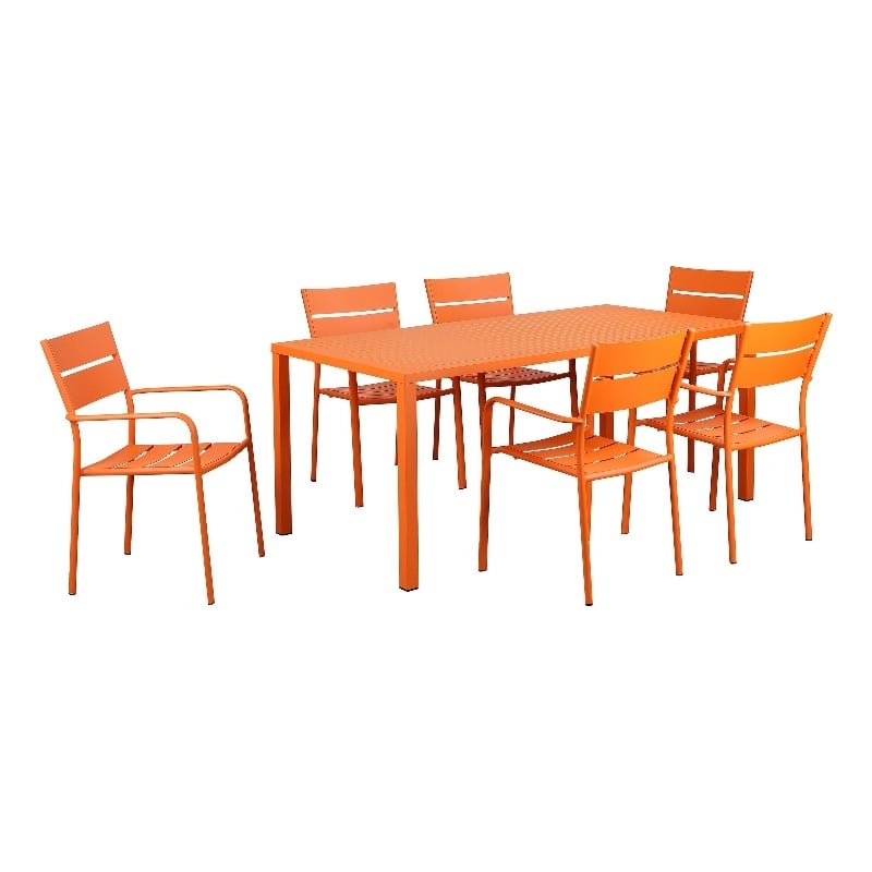Benjara Meta 7 Piece Outdoor Dining Table- Chairs Set- Orange- Plank Seat & Back