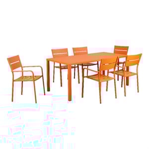 Benjara Meta 7 Piece Outdoor Dining Table- Chairs Set- Orange- Plank Seat & Back