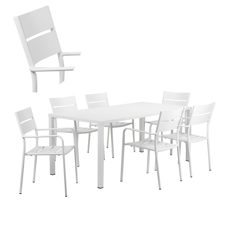 Benjara Meta 7 Piece Outdoor Dining Table- Chairs Set- White/Plank Seat & Backs