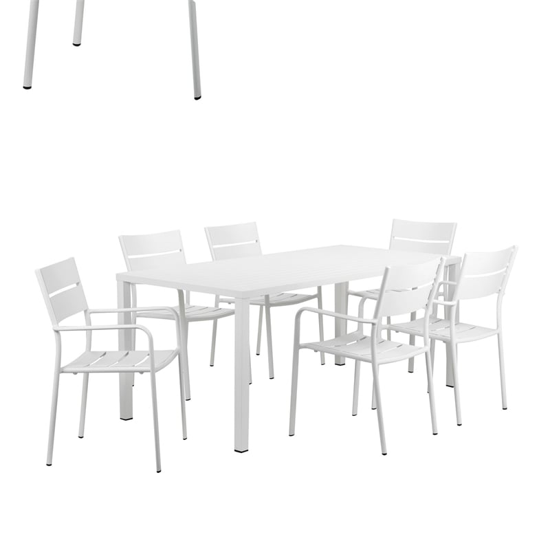 Benjara Meta 7 Piece Outdoor Dining Table- Chairs Set- White/Plank Seat & Backs