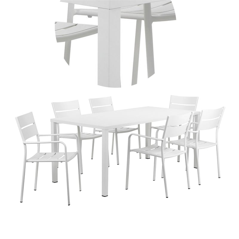 Benjara Meta 7 Piece Outdoor Dining Table- Chairs Set- White/Plank Seat & Backs