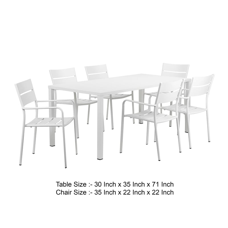 Benjara Meta 7 Piece Outdoor Dining Table- Chairs Set- White/Plank Seat & Backs