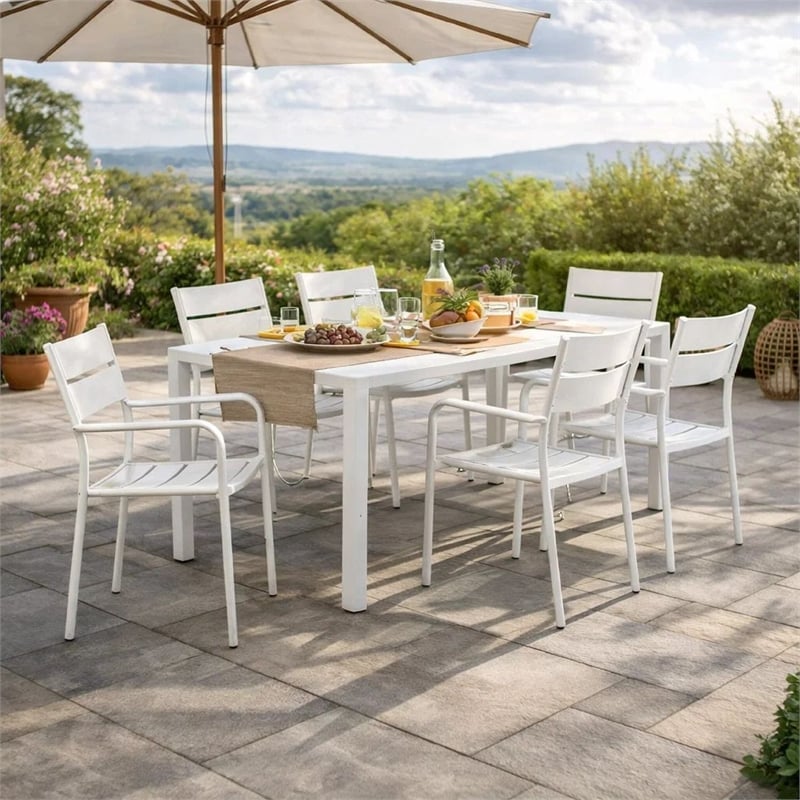 Benjara Meta 7 Piece Outdoor Dining Table- Chairs Set- White/Plank Seat & Backs