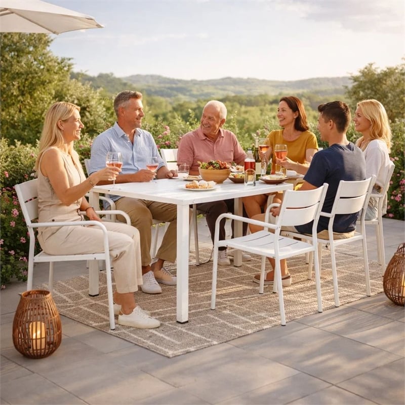 Benjara Meta 7 Piece Outdoor Dining Table- Chairs Set- White/Plank Seat & Backs