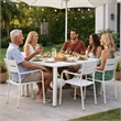 Benjara Meta 7 Piece Outdoor Dining Table- Chairs Set- White/Plank Seat & Backs