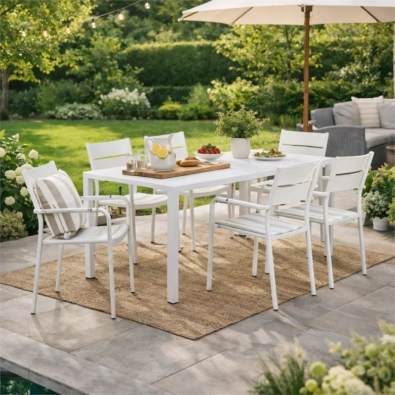 Benjara Meta 7 Piece Outdoor Dining Table- Chairs Set- White/Plank Seat & Backs