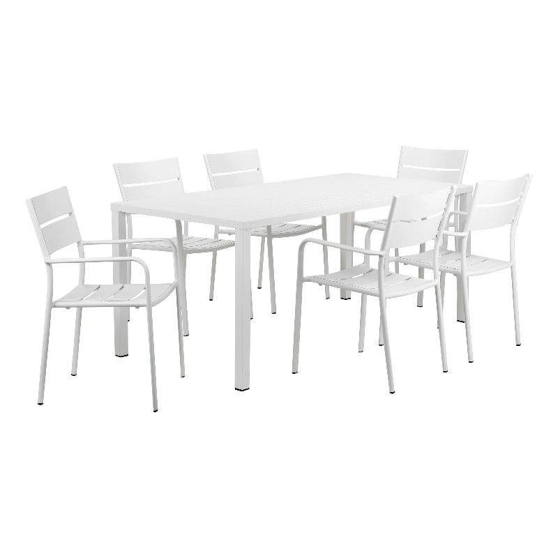 Benjara Meta 7 Piece Outdoor Dining Table- Chairs Set- White/Plank Seat & Backs
