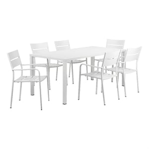 Benjara Meta 7 Piece Outdoor Dining Table- Chairs Set- White/Plank Seat & Backs