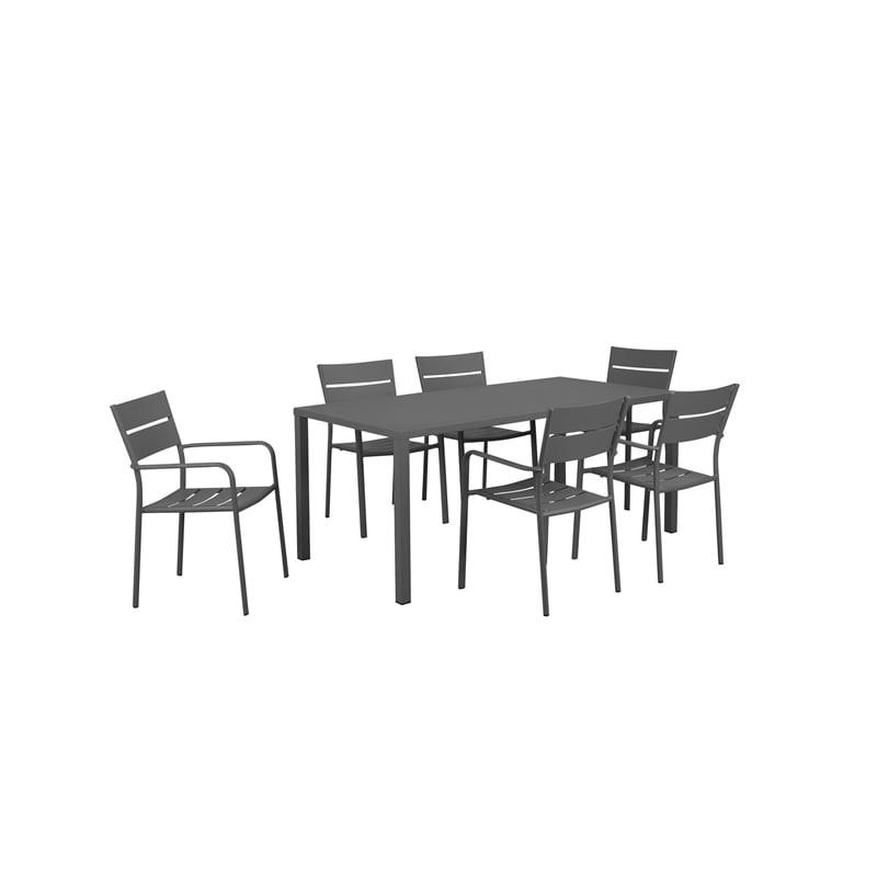 Benjara Meta 7 Piece Outdoor Dining Table- Chairs Set- Gray- Plank Seats & Backs