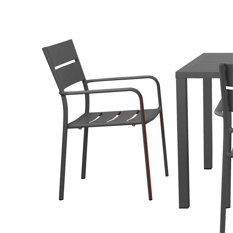 Benjara Meta 7 Piece Outdoor Dining Table- Chairs Set- Gray- Plank Seats & Backs