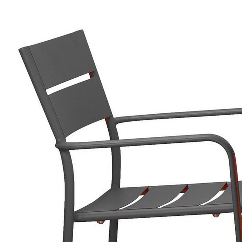 Benjara Meta 7 Piece Outdoor Dining Table- Chairs Set- Gray- Plank Seats & Backs