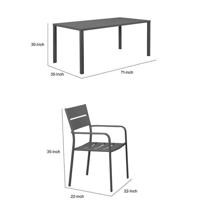 Benjara Meta 7 Piece Outdoor Dining Table- Chairs Set- Gray- Plank Seats & Backs