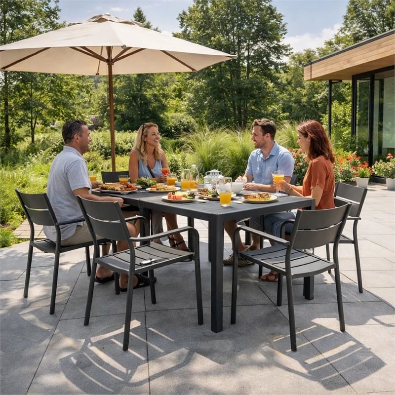 Benjara Meta 7 Piece Outdoor Dining Table- Chairs Set- Gray- Plank Seats & Backs