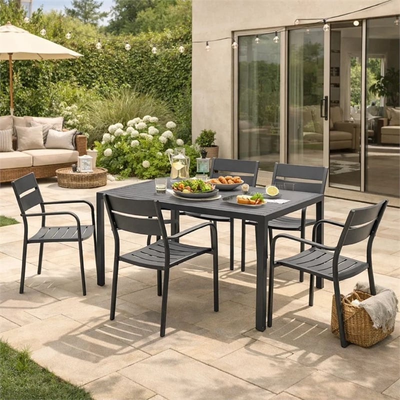 Benjara Meta 7 Piece Outdoor Dining Table- Chairs Set- Gray- Plank Seats & Backs