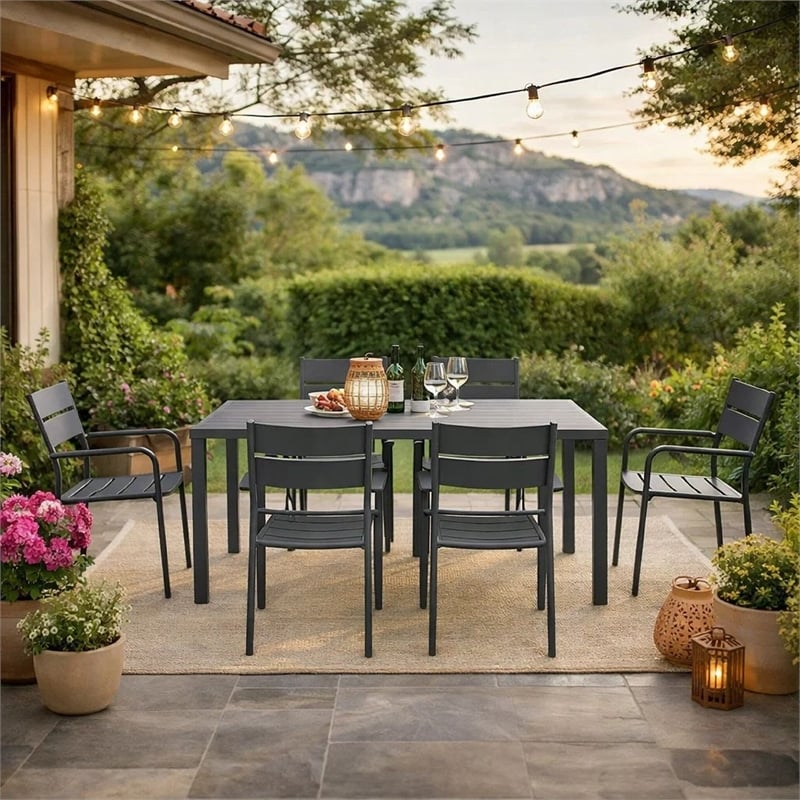 Benjara Meta 7 Piece Outdoor Dining Table- Chairs Set- Gray- Plank Seats & Backs