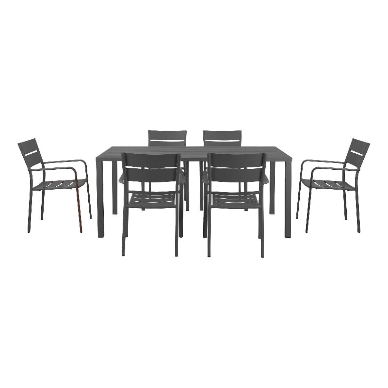Benjara Meta 7 Piece Outdoor Dining Table- Chairs Set- Gray- Plank Seats & Backs