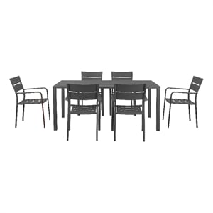 Benjara Meta 7 Piece Outdoor Dining Table- Chairs Set- Gray- Plank Seats & Backs