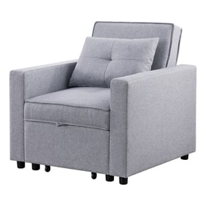Benjara Vito 34&quot Convertible Sleeper Armchair- Side Pocket- Light Gray Linen