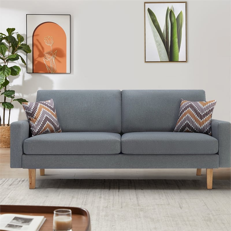 Benjara Gala Sofa & 2 Pillows - Crisp Light Gray Linen Fabric/Brown Solid Wood