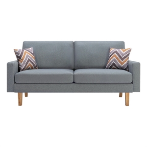 Benjara Gala Sofa & 2 Pillows - Crisp Light Gray Linen Fabric/Brown Solid Wood