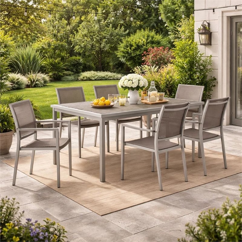 Benjara Fifi 7 PC Dining Table Set- Gray Metal Frames- Smooth Textilene Fabric