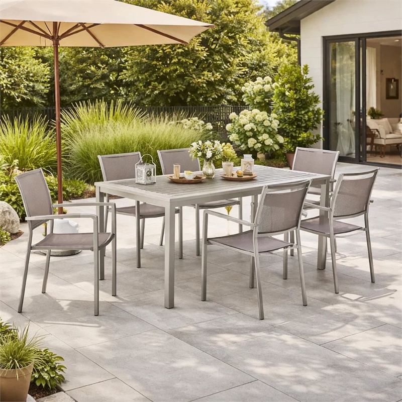 Benjara Fifi 7 PC Dining Table Set- Gray Metal Frames- Smooth Textilene Fabric