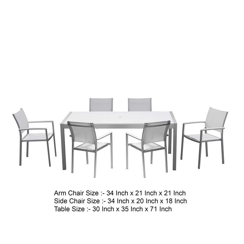 Benjara Fifi 7 PC Dining Table Set- White Metal Frames- Smooth Textilene Fabric
