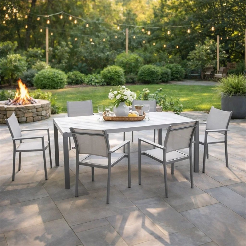 Benjara Fifi 7 PC Dining Table Set- White Metal Frames- Smooth Textilene Fabric