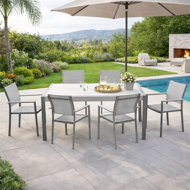 Benjara Fifi 7 PC Dining Table Set- White Metal Frames- Smooth Textilene Fabric