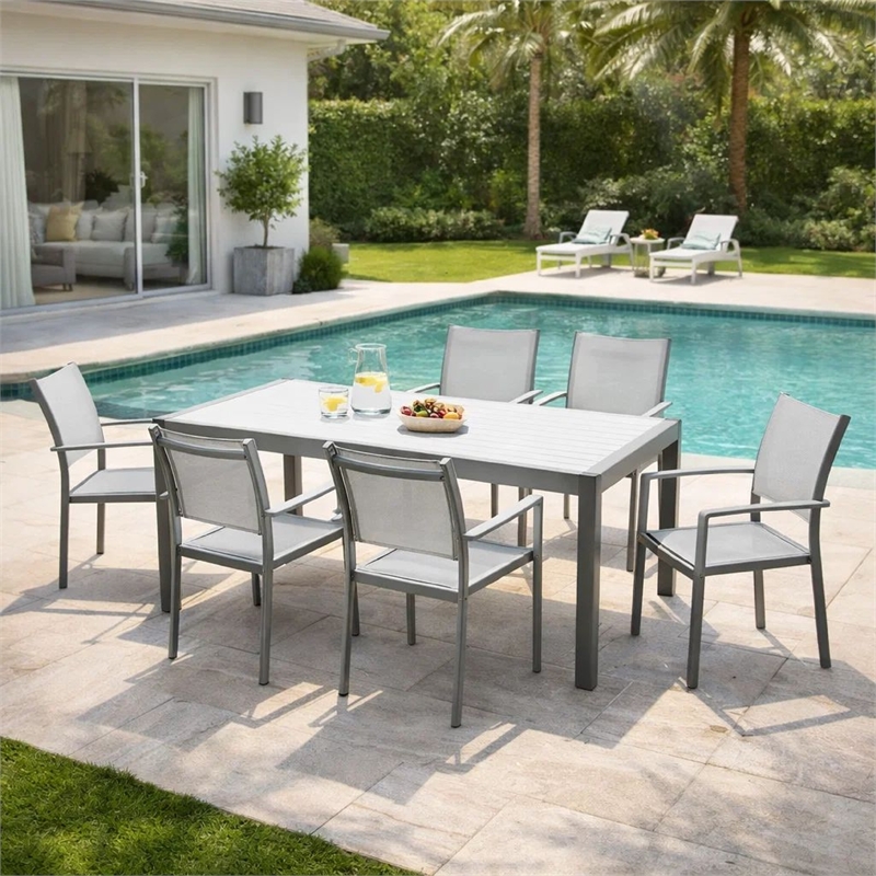 Benjara Fifi 7 PC Dining Table Set- White Metal Frames- Smooth Textilene Fabric