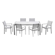 Benjara Fifi 7 PC Dining Table Set- White Metal Frames- Smooth Textilene Fabric