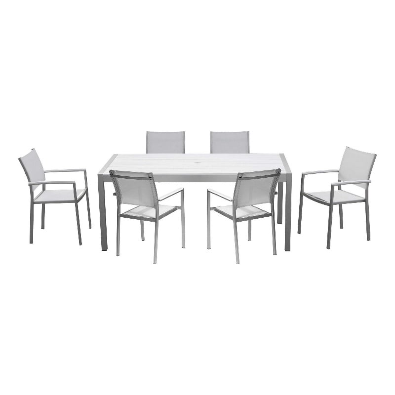 Benjara Fifi 7 PC Dining Table Set- White Metal Frames- Smooth Textilene Fabric