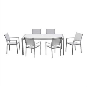 Benjara Fifi 7 PC Dining Table Set- White Metal Frames- Smooth Textilene Fabric