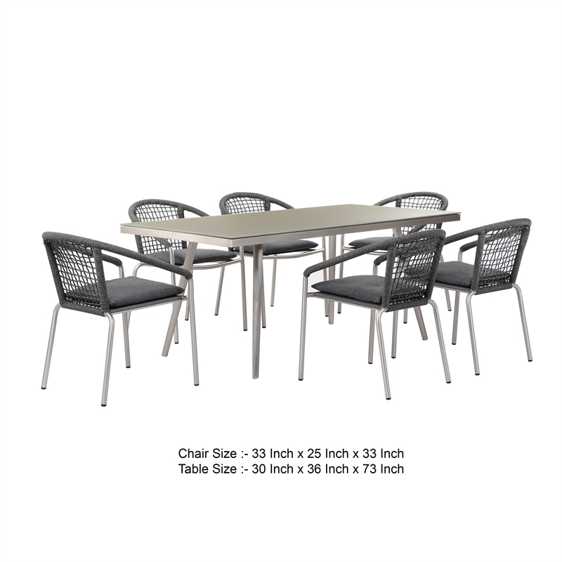 Benjara Phil 7 Piece Dining Set- Slate Gray Woven Rope- Sturdy Aluminum Frames