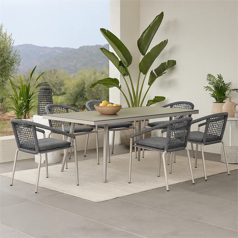 Benjara Phil 7 Piece Dining Set- Slate Gray Woven Rope- Sturdy Aluminum Frames